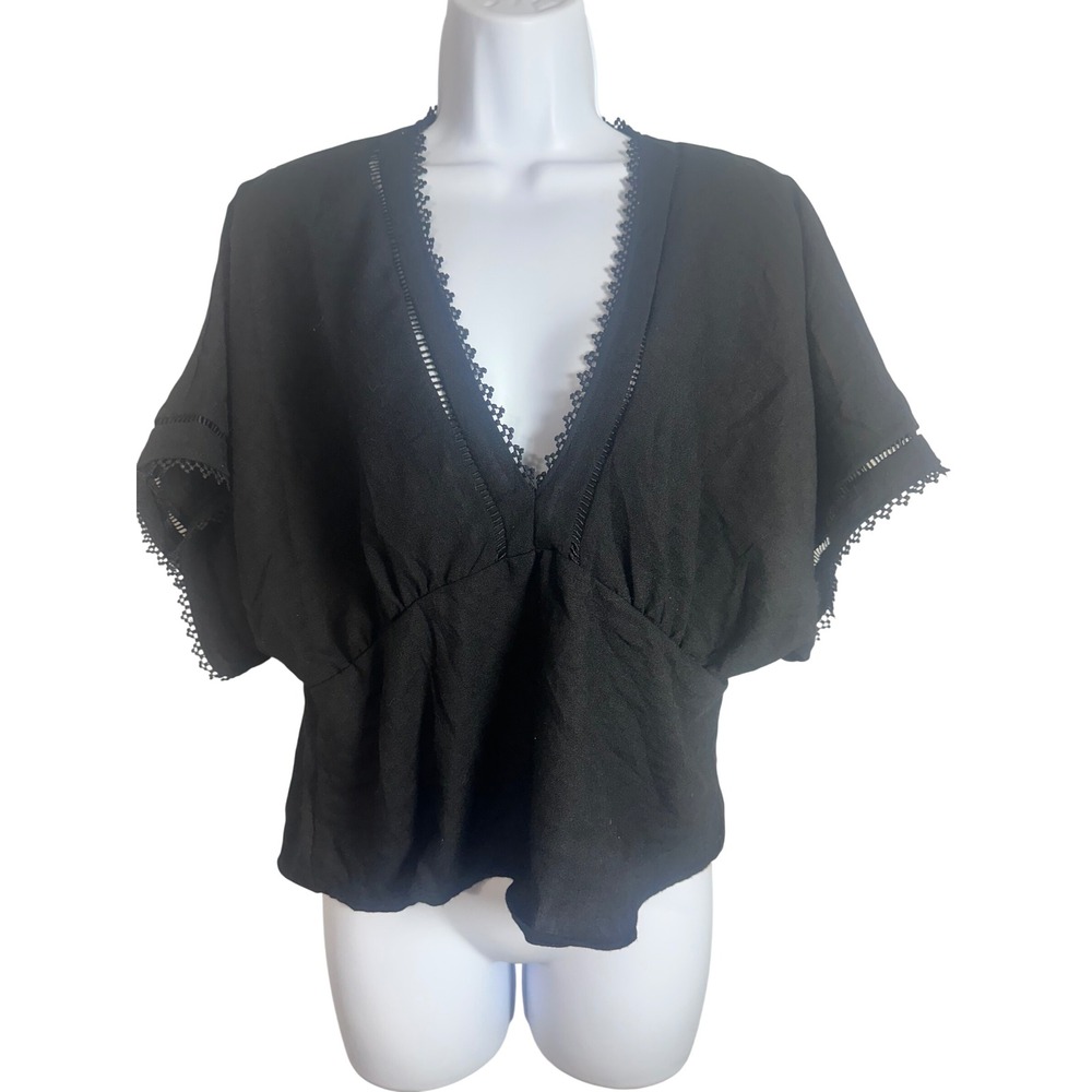 Zara Black Linen Blend Crochet Lace Trim V-Neck Peplum Blouse XS